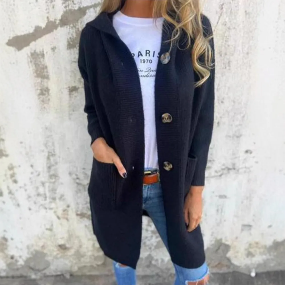 

Женский осенне-зимний свитер, кардиган, модное длинное вязаное пальто с капюшоном на пуговицах и карманами, Ropa Mujer Кардиган Женский