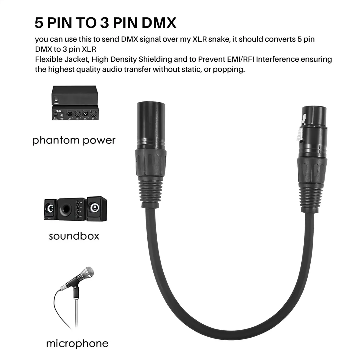 A40I XLR Male 3 Pin to XLR Female 5 Pin & XLR Female 3 Pin to XLR Male 5 Pin Audio Cable, for Microphone Stage Light