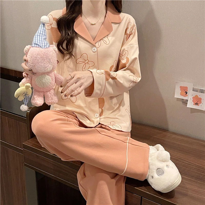 Pigiama autunnale in cotone purificato a maniche lunghe da donna in stile coreano semplice allentato dolce dormitorio Homewear Suit 2024 nuovi indumenti da notte