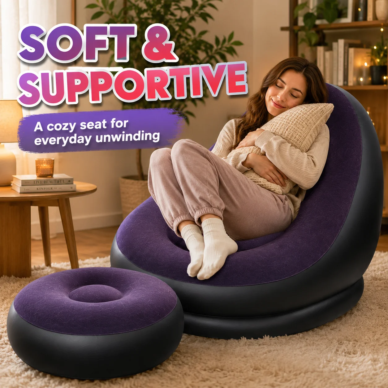 1PC Inflatable Lounge Chair with Ottoman, Portable Bean Bag Air Sofa Set, Soft Flocked PVC Lazy Sofa for Living Room Bedroom