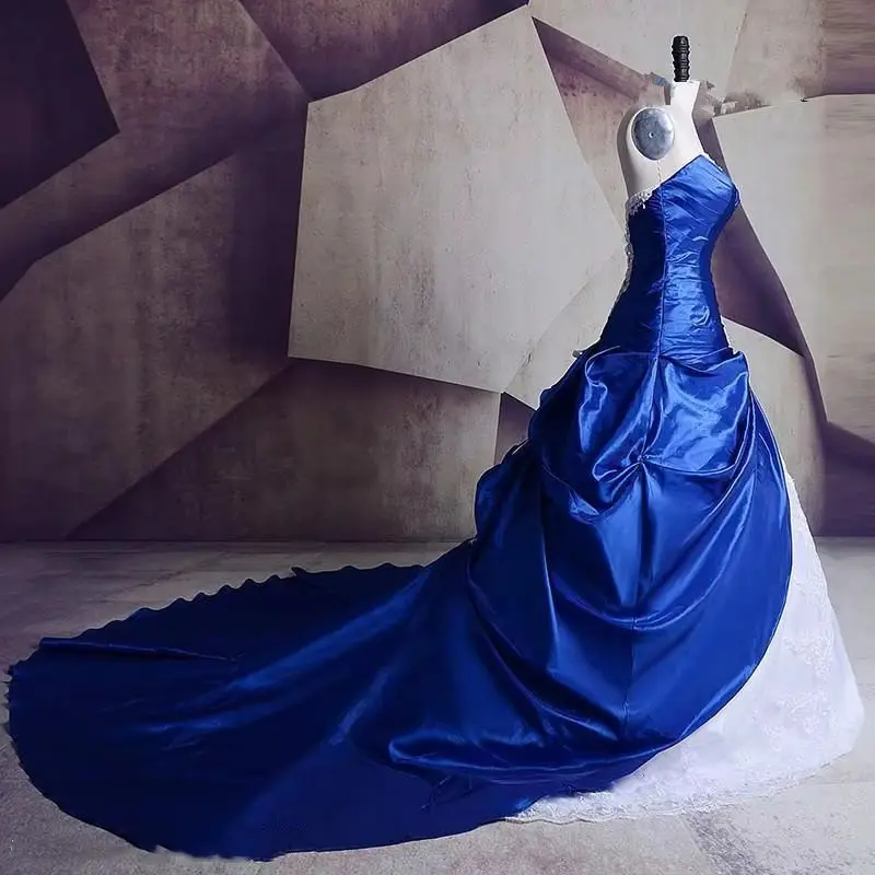 Chapel Train Victorian Bustle Wedding Dress Strapless White And Royal Blue Long Corset Bride Formal Gown Satin Robe Customized