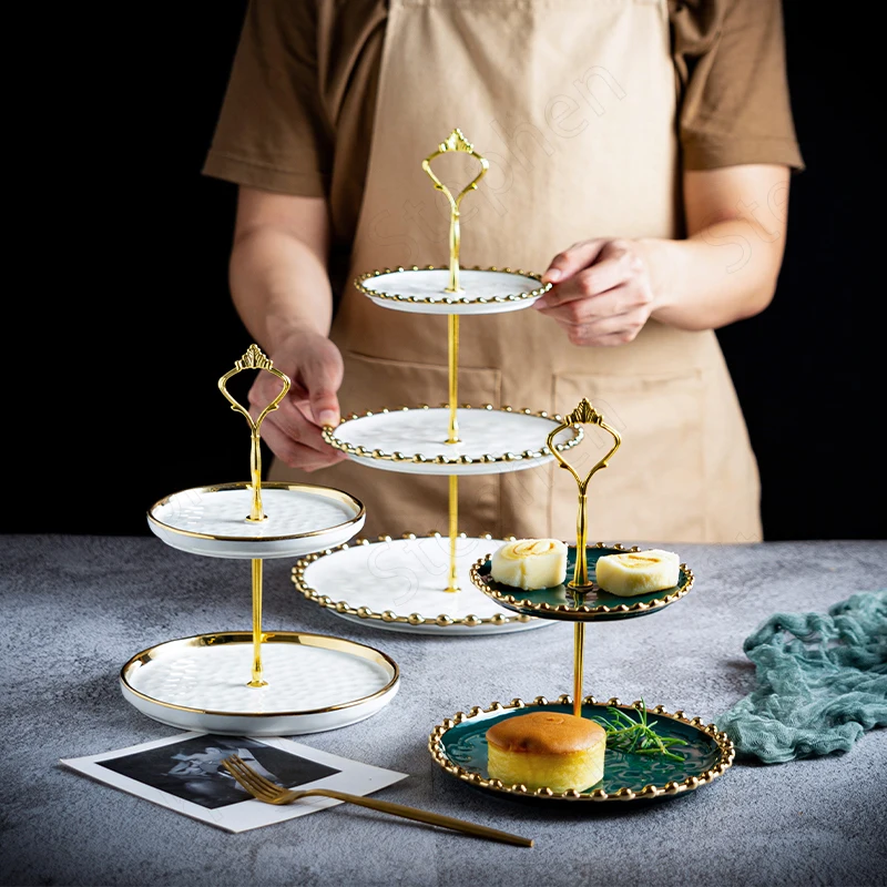 Nordic Gold Beads Decorative Cake Stand European Classical Golden Stroke Home Afternoon Tea Double Layer Dessert Ceramic Rack