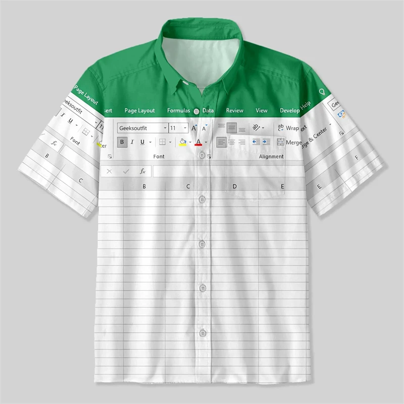 

Fun Excel electronic spreadsheet 3D printed quick-dry breatha men Hawaiian shirt street casual vacation creative Work ClothesY2K