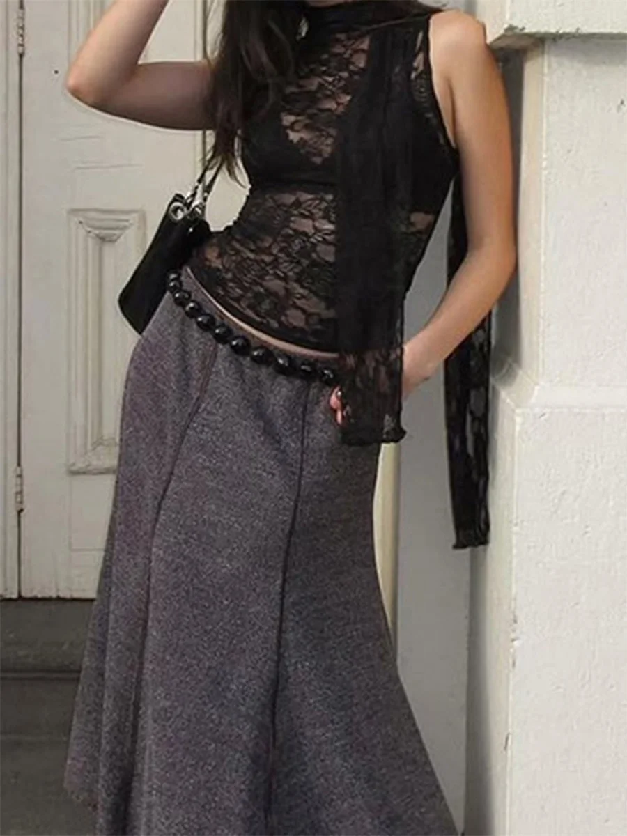 女性のエレガントな花柄レースノースリーブブラウスハイネックタイアップフィットシアーメッシュクロップドタンクトップ夏用