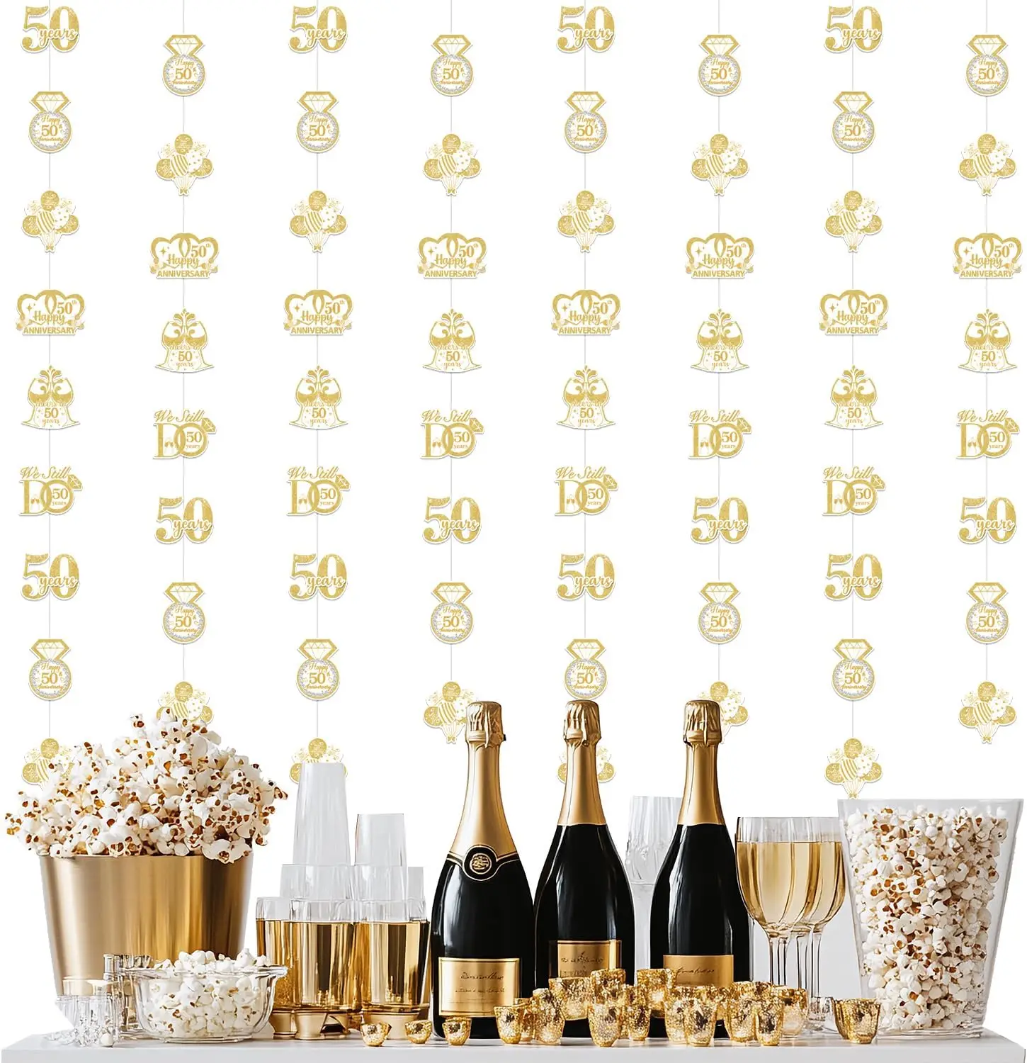 

50th Golden Wedding Streamers, 8 Pcs Happy 50th Anniversary Garland Double-Sided Printing Hanging Anniversary Wedding Supplies