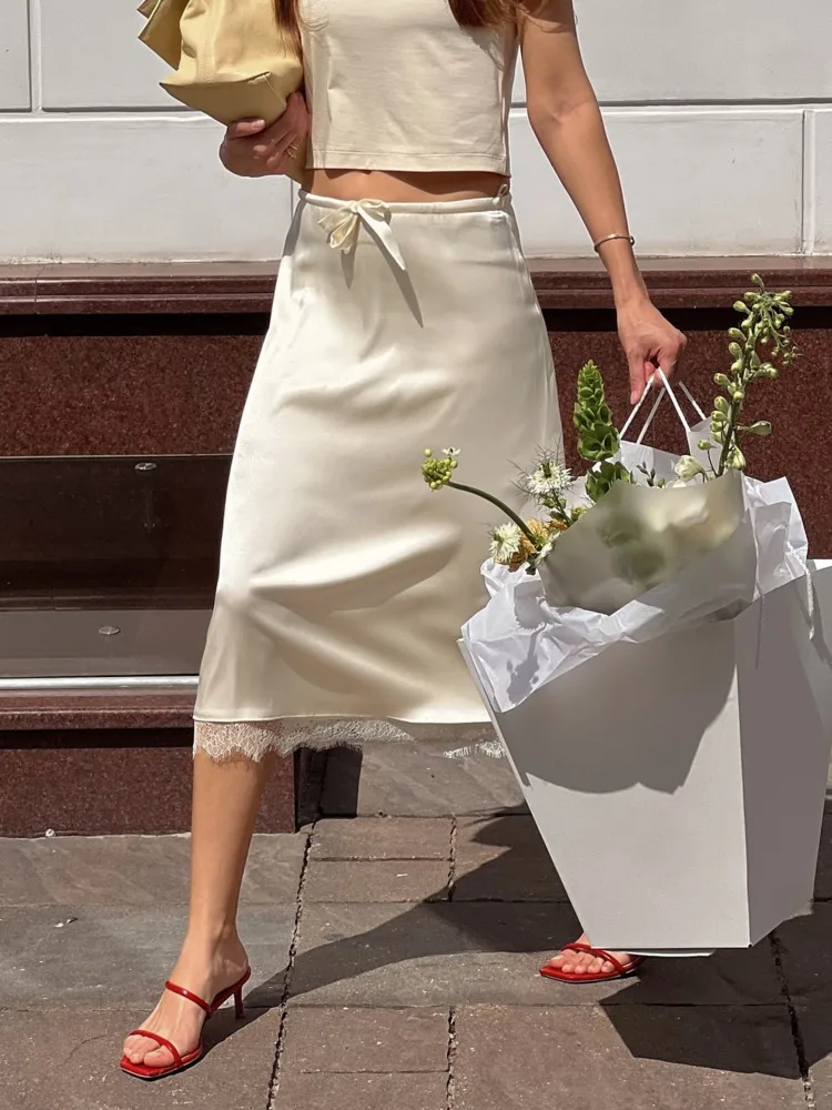 

Fashion Satin Lace Patchwork Drawstring Short Skirt Feminine Elegant Slim Fit Midi Skirt Female Summer Streetwear