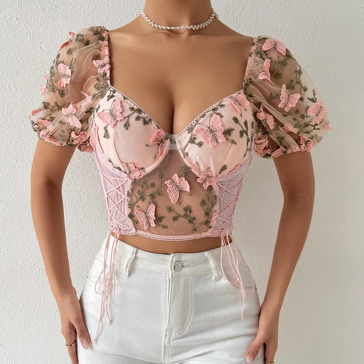 Women Floral Lace Short Sleeve Crop Top Sexy Square Neck Backless Mesh Tights T-Shirts