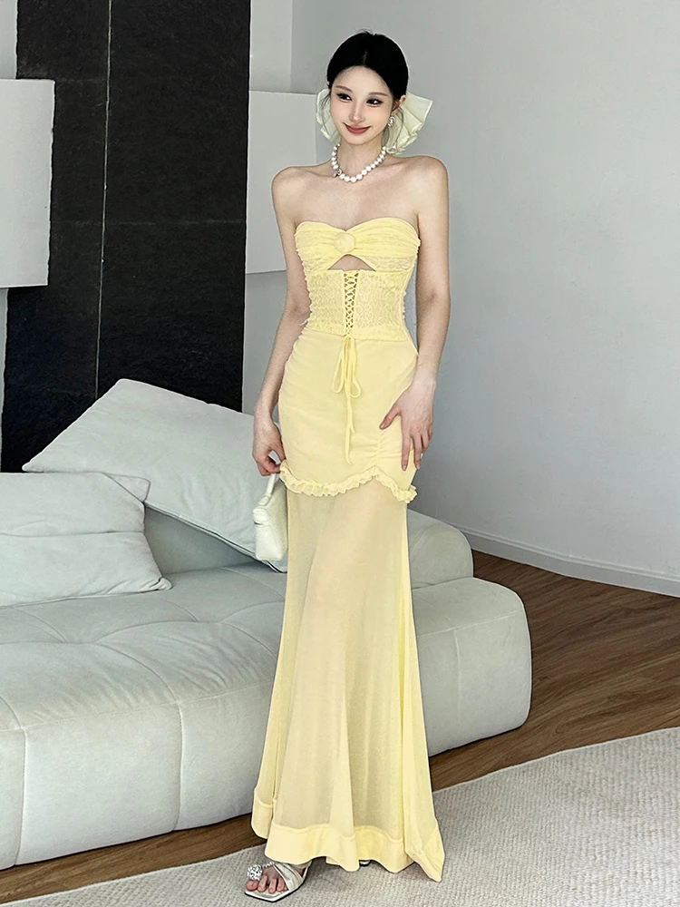 WEIRD PUSS Fre citron doux odeur sangle conception fleur creuse embelli Tube Dr mince Long Dr taille haute une épaule