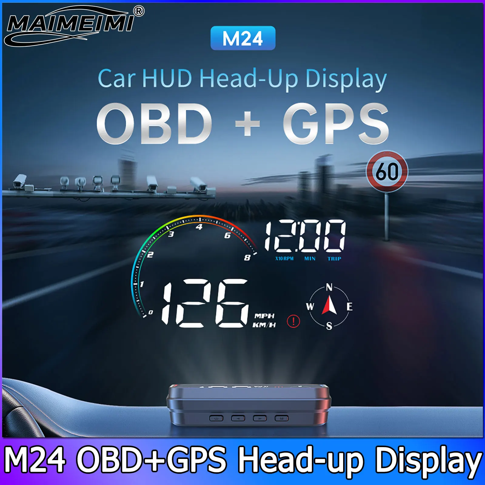 M24 HUD Gauge Smart Speedometer  OBD+GPS Car Electronics Head Up Display Turbo RPM Alarm  Water Temp Car Overspeed