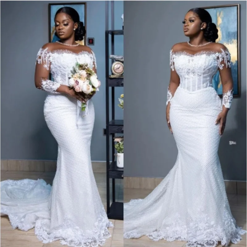 off-Shoulder Lace Fishtail Wedding Dress2025New Cross-Border Amazon Long Sleeve Dress Trailing African Bride