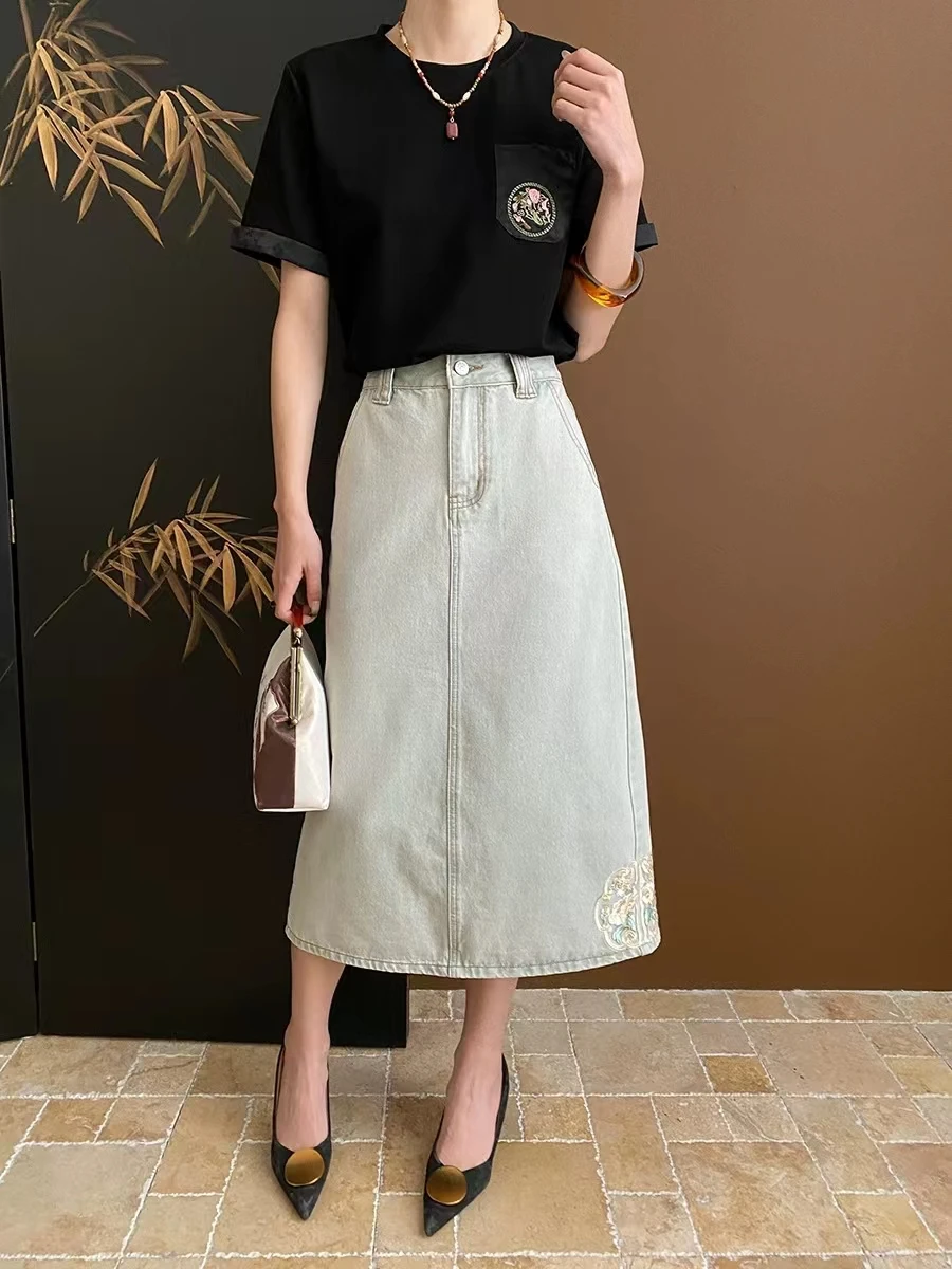 Western Style Light Smoke Gray New Chinese Style Heavy Industry Embroidery A-Line Split Denim Skirt