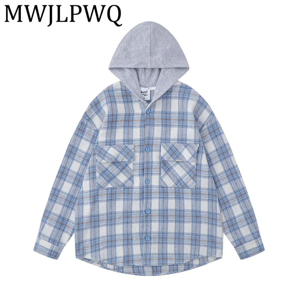 

MWJLPWQ Свободная модная мужская клетчатая рубашка в американском стиле, весенне-осенняя уличная одежда, топы с капюшоном и длинными рукавами, цветные топы Tide 12324