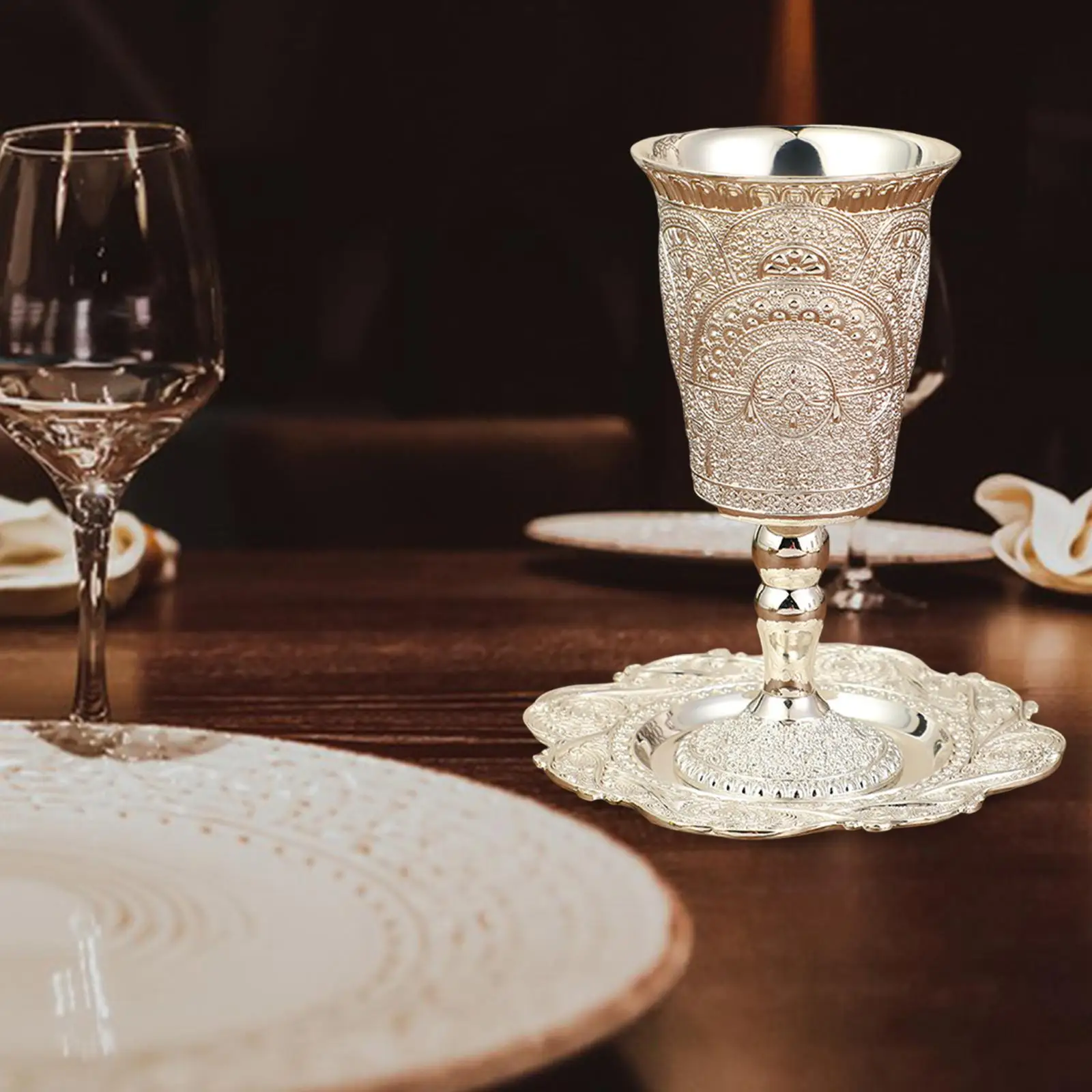 Kiddush Cup with Saucer Home Decoration Jerusalem Designed Embossed Tea Cup for Celebration Festival Passover Shabbat Wedding