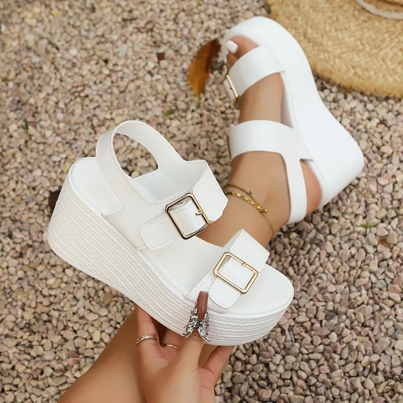 2026 Summer Wedges Shoes Women Heel Sandals White Shoes Elegant Brand Ladies High Heels Sandals 9cm Big Size 42 D1043