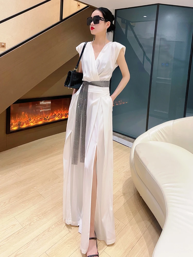 Mono de satén de acetato para mujer, pantalones de pierna ancha con adornos de diamantes, cintura alta, drapeado, diseño Original con cinturón, verano