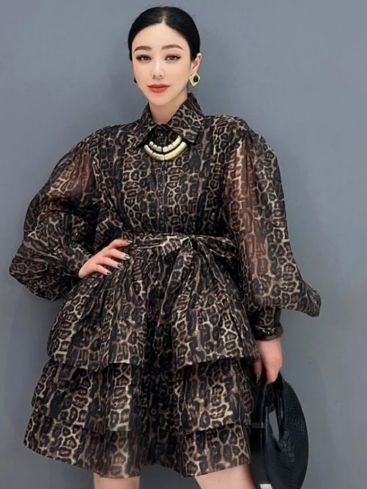 Vefadisa Brown 2024 Summer New Women Vintage Printed Dress Lapel Lantern Sleeve Lace-up Cake Dress Elegant Shirt Dresses ZXY490A