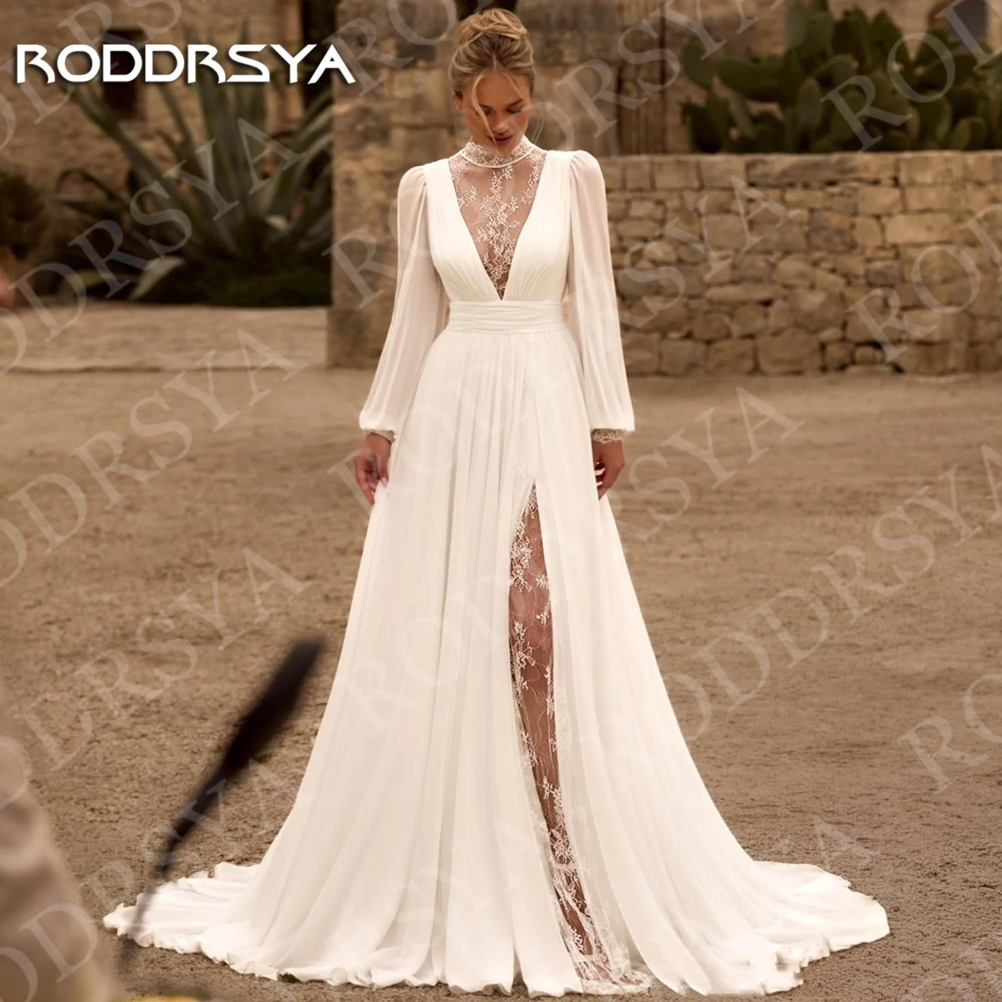 

RODDRSYA Lace High Neck Wedding Dress Long Sleeve Elegant Boho A Line Chiffon Bridal Dresses High Slit Customized vestido novia