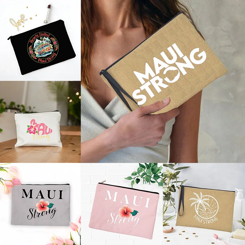 Maui Hawaii Strong Printing Make Up Bag Canvas Linen Pencil Cases for Makeup Travel Suitcases Woman Organizer for Bags Wallet