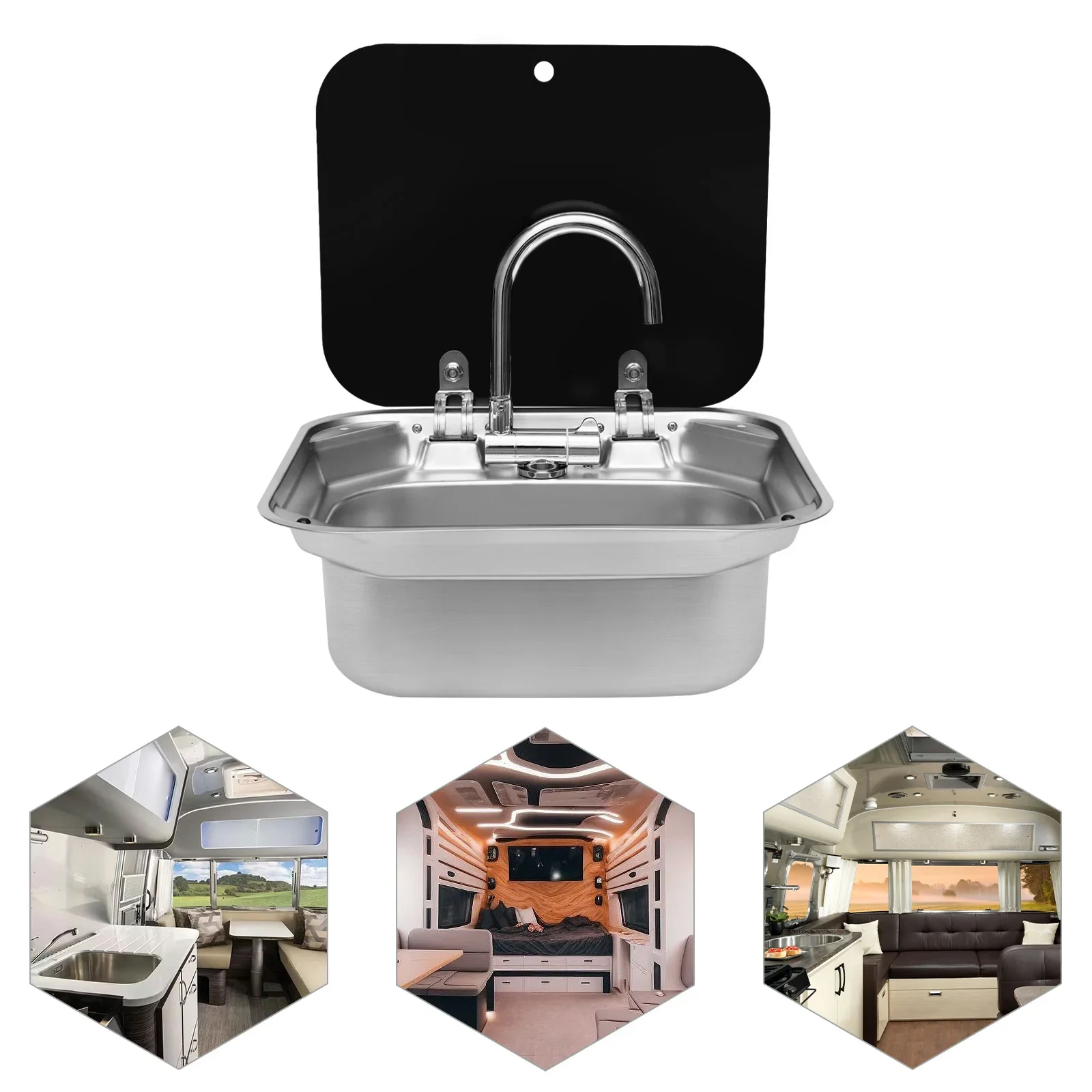 RV Sink Kits W/ Flip-Top Lid & Retractable Faucet, Electroplating Surface Anti-corrosion& Anti-Rust Square Design