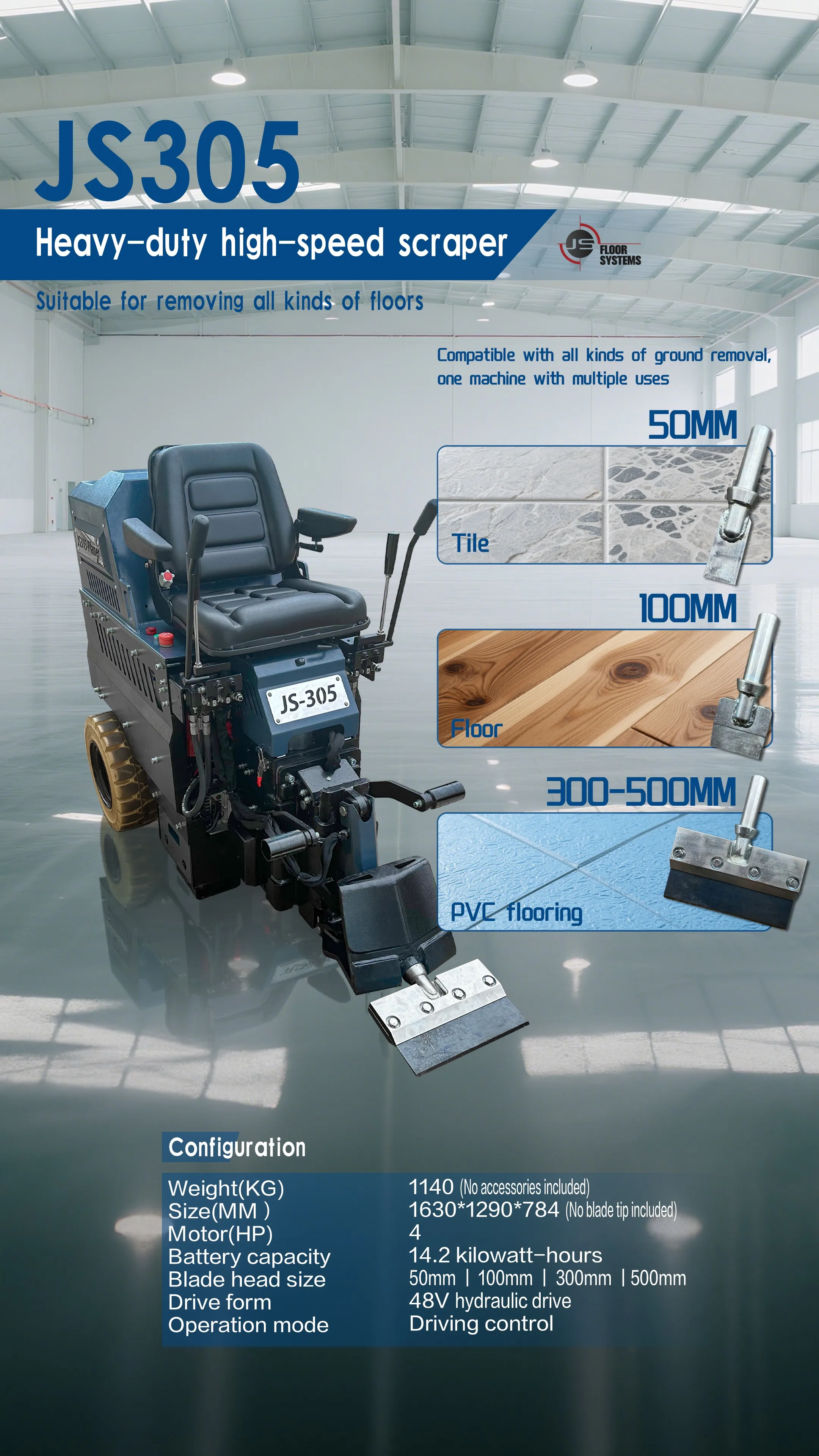 JS305 Floor Stripping Machine 4HP Motor Battery Powered Hydraulic Self-Driving Multi-Purpose for Tile PVC PU Epoxy Floors