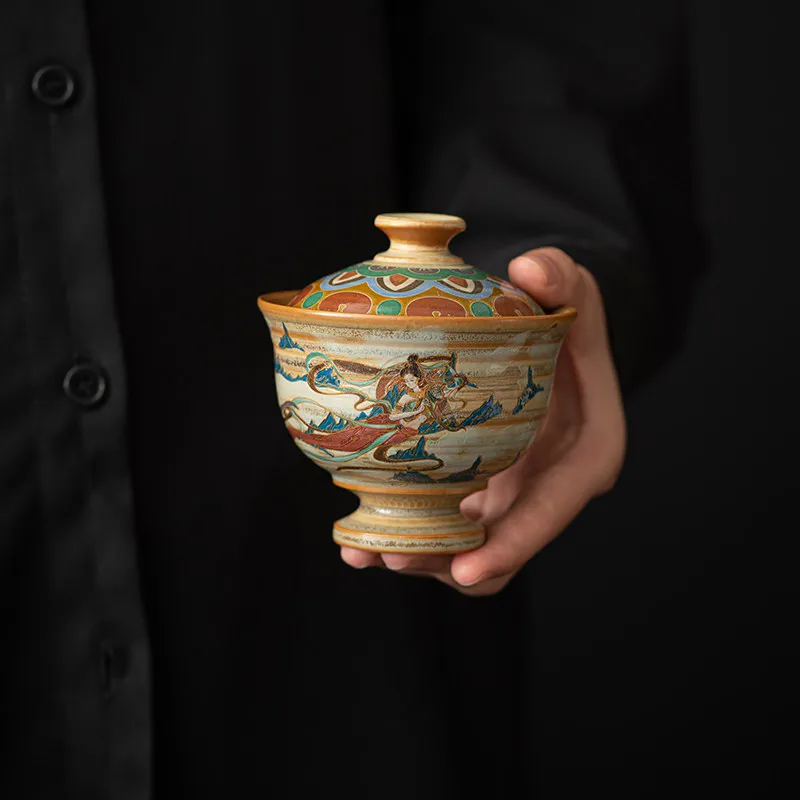 Handmade firewood burning retro Dunhuang Feitian two bowls cover bowl Household tea bowl Dunhuang impression Chinese style