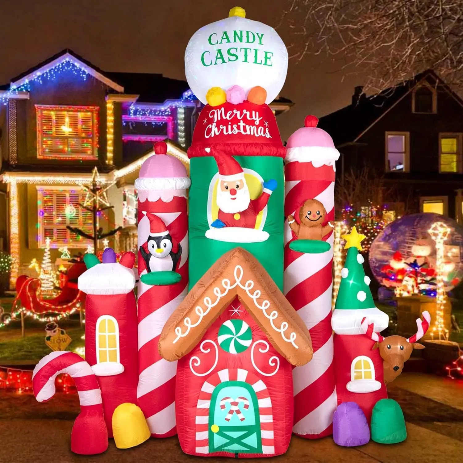 

10FT Christmas Castle Inflatable - Christmas Inflatables Castle Candy Santa Reindeer Gingerbread Penguin with Colorful L