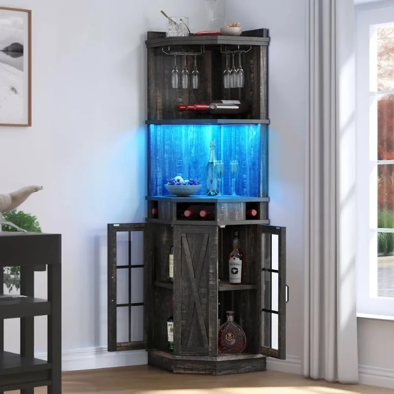 

72" Corner Bar Unit, Freestanding Wine Bar Cabinet with LED Lights & Glass Holder & Adjustable Shelf, Black Oak