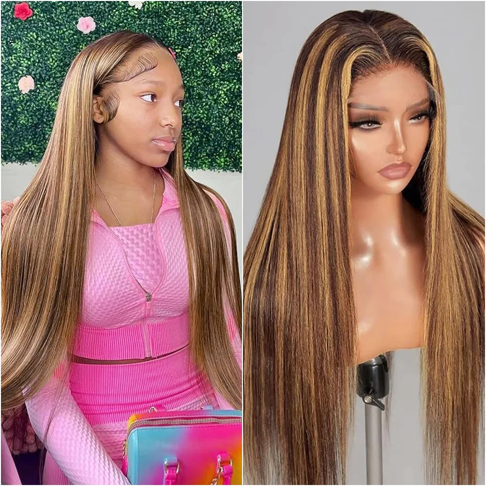 

200 Density P4/27 Colored Straight Highlight Frontal Wig Human Hair Brazilian 13x6 HD Transparent Lace Front Wigs For Women