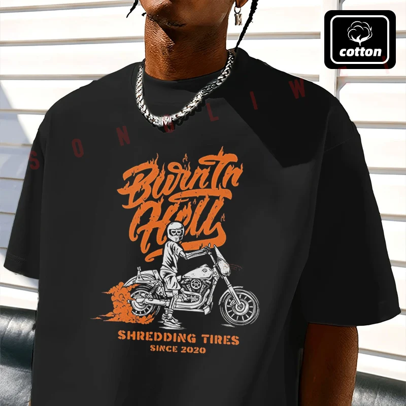 

Burn In Hell Motorcycle Moto T-Shirt Vintage Cotton Plain Mens Funny T Shirts Casual Harajuku Clothes