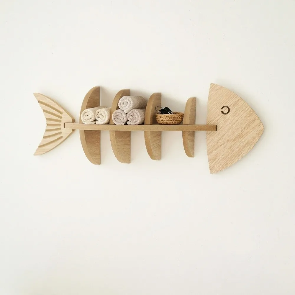 Vintage Wooden Wall Mounted Shelf Multi-layer with Dividers Fish Bone Shelf Fish Shaped Handmade Floating Shelf Home Decor