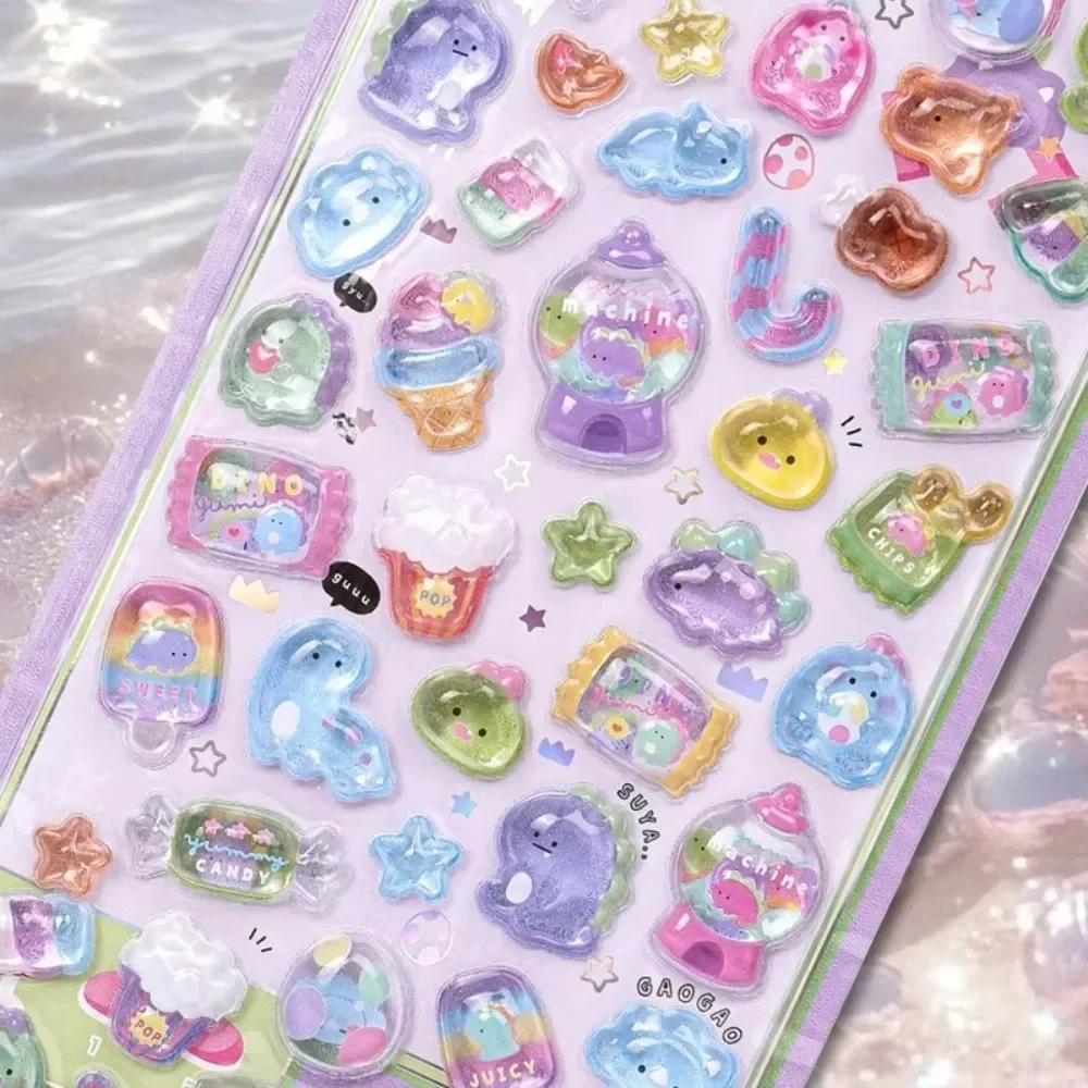 6Sheets/Pack 3D Cartoon Relief Sticker Diary Stationery Sticker Cat Crystal Jelly Patch DIY Puppy Bear Relief Hollow Stickers
