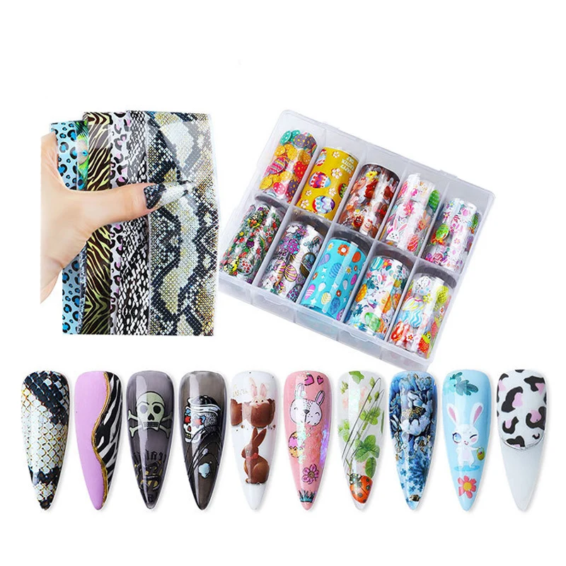 10 Rolls/Box Lepoard Snakeskin Nail Foils Trasnfer Decals Sticker Flower Punk Print Nail Art Decorations DIY Wrap Manicure Tools