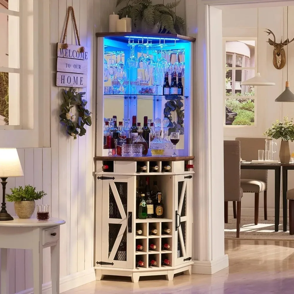 

Corner Bar Storage Cabinet, 72" Tall Farmhouse Wine Bar Cabinet w/Barn Door & Adjustable Shelf, Home Bar Cabinet w/LED Light