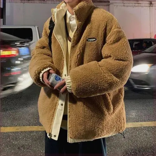 

Wearing cotton coat on both sides for men's winter plus velvet thickened loose lamb fur coat trendy cotton coat