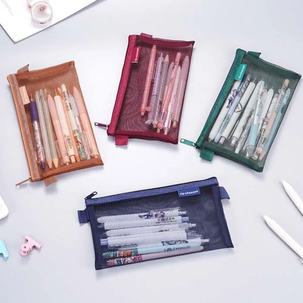 Nylon Mesh Pencil Case Retro Color Large Capacity Transparent Bills Bag Storage Bag Organizer Case Zipper Stationery Bag Lady