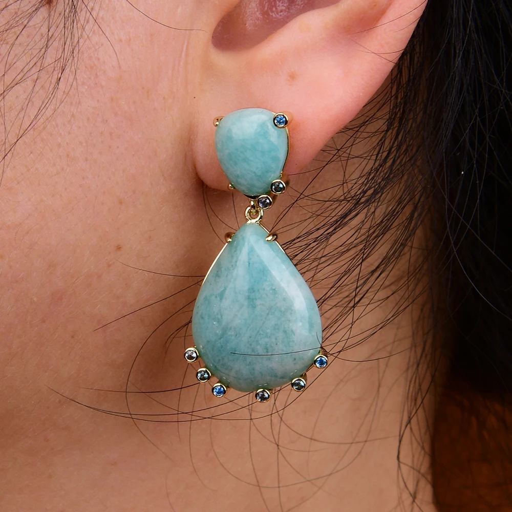 Imagem -06 - G-g-natural Verde Amazonite Forma Teardrop cz Pave Banhado a Ouro Brincos Dangle Partido Elegante Jóias Drop Shipping