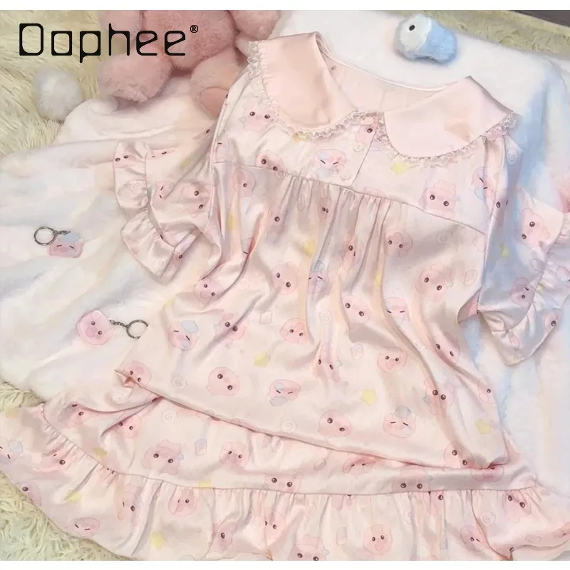 Original sweet cute girl print horn sleeve nightdress nylon lace doll collar short sleeve nightdress summer loose women homewear