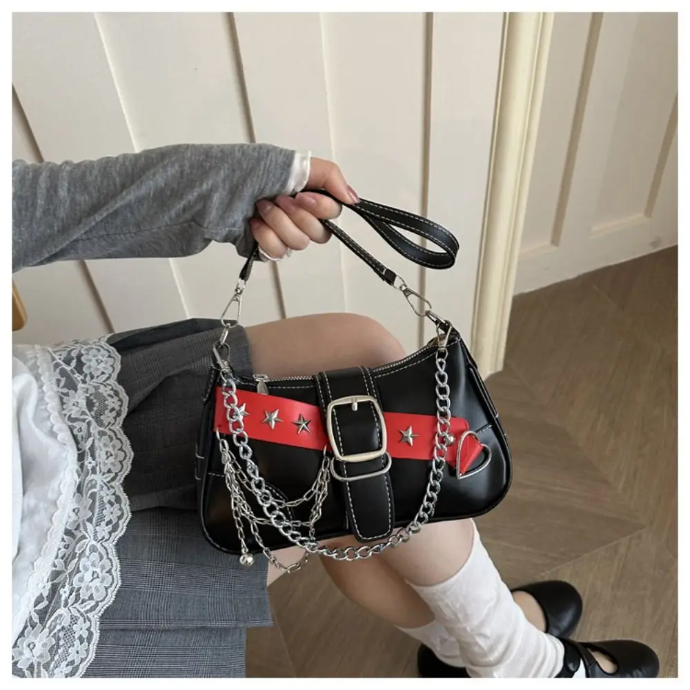 Simple Y2K Star Rivet Shoulder Bag Spicy Girl Pu Leather Underarm Bag Chain Fashion Locomotive Pack Streetwear