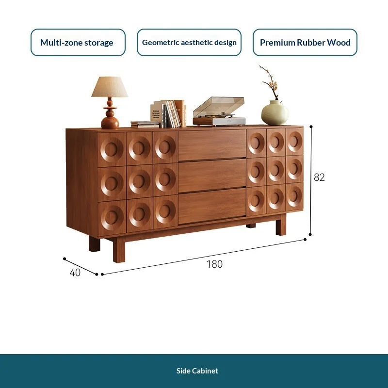 Retro Mid-century Solid Wood Sideboard, 3D Circle Embossed Panels, Closed Drawer Storage for Bedroom Living Room Entryway