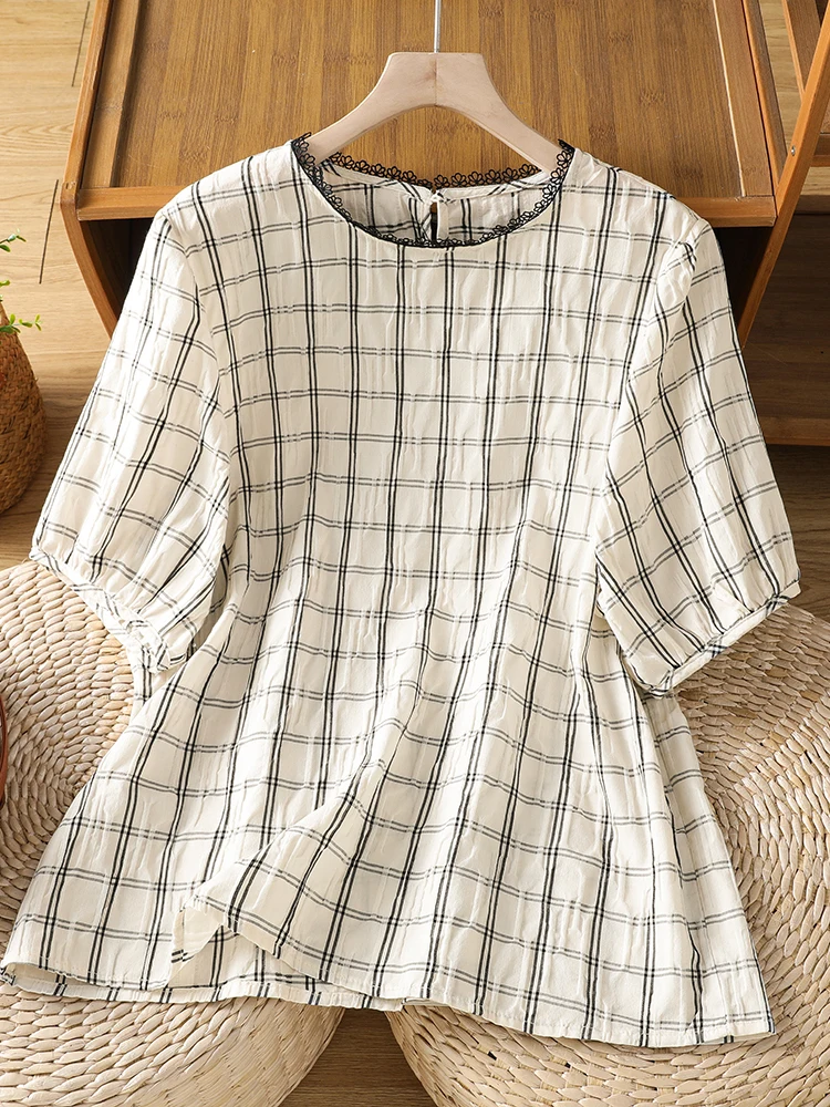 

Summer White Plaid Short Sleeve T-Shirt Loose Fit round Neck Lace Trim Large Size Women's Top Casual Cotton Blend Slimming