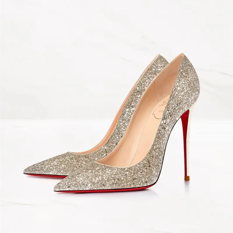 

Women Gold Pumps with Red Bottom Bling High Heel Stilettos for Wedding Party Bridal Dress Shoes with Sequins Pointed Toe