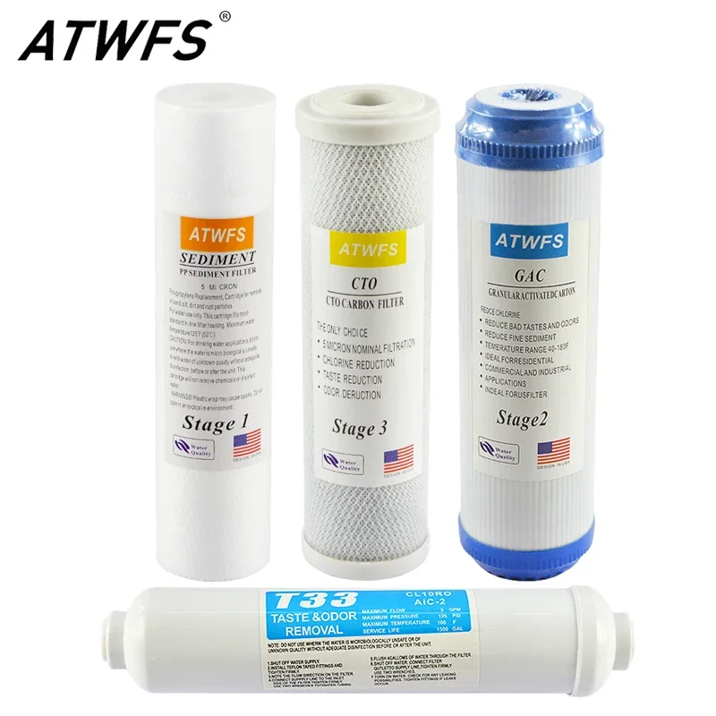 ATWFS 4 Stage Water Filter System Cartridge Purifier 10'' Cotton Filiter Activated Carbon Filter T33 for Reverse Osmosis