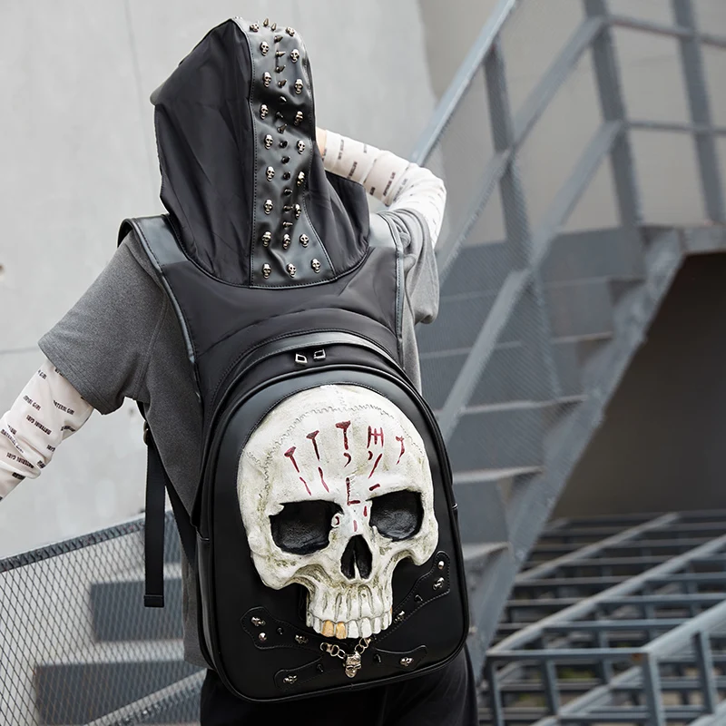 

Man 3D Embossed Skull Punk Rock Gothic Leather Backpack Rivets Laptop Travel Soft Backpack With Hood Cap Women Grils Bag Hiphop