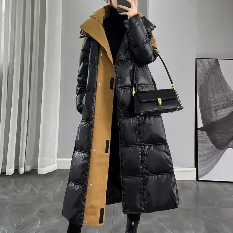 Glossy Black Puffer Jacket Women 2023 New Winter Korean Female Hooded Parkas 90% White Duck Down Snow Coat Thicken Long Outwear