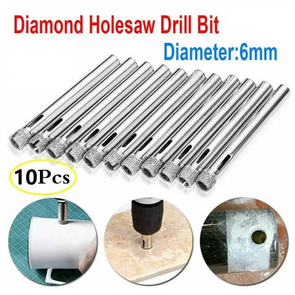10 Chiếc 6Mm Tráng Kim Cương Mũi Đá Cẩm Thạch Ngói Sứ Thủy Tinh Bộ Dụng Cụ Khoét Lỗ Khoan Bits Dụng Cụ 50x6x6mm