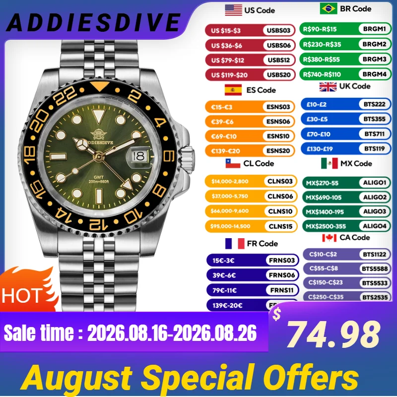 ADDIESDIVE Top Marke AD2050 männer GMT Quarzuhr Edelstahl 200M Taucher Uhren Relogio Masculino 40MM leuchtende Armbanduhr