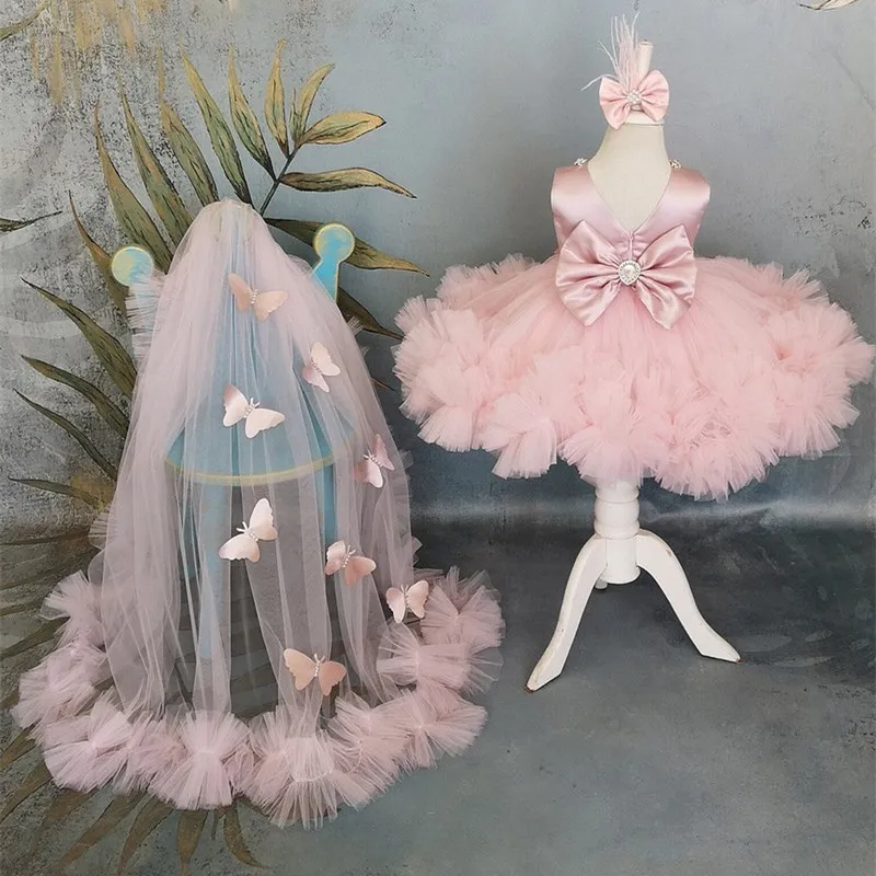 Vestido Puffy rosa com trem para menina, Vestido de florista com arco, Vestidos de aniversário infantil bonito, Primeira comunhão