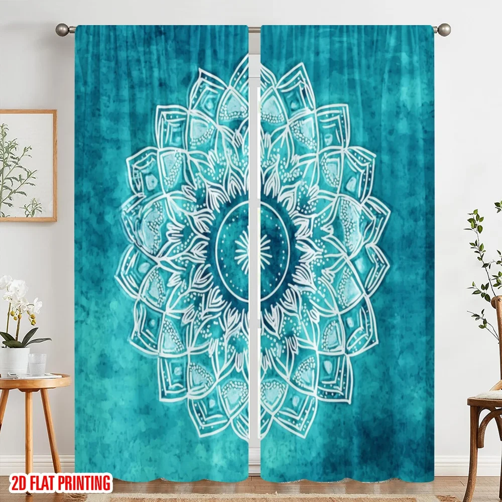 2pc,2D plane printing Print Curtains Turquoise Mandala Versatile Fabric (without rod) Versatile All for Bedroom & Living Room,