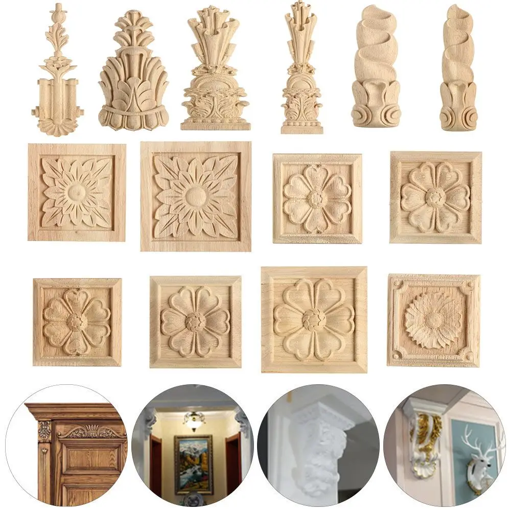 Vintage Flower Exquisite Carving Natural Wood Appliques for Furniture Cabinet Unpainted Wooden Mouldings Decal Crafts Ornament