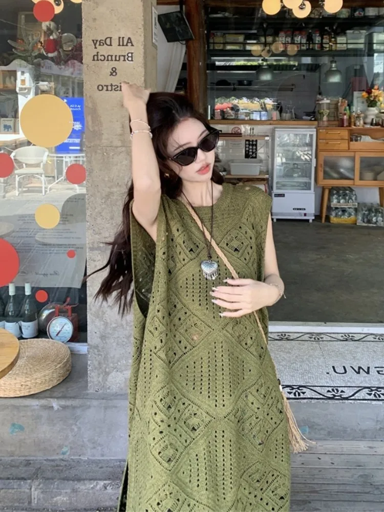 

Женский этнический многослойный вязаный жилет с вырезами и винтажная цветочная юбка, комплект из двух предметов, повседневная одежда с круглым вырезом горловины